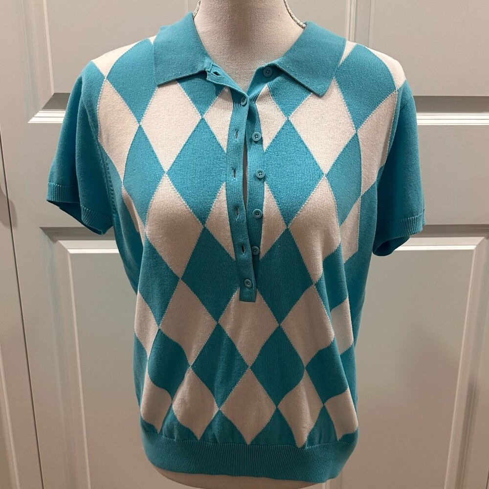 NWT Westbound Large 100% Cotton Sky Blue Argyle short-sleeve polo sweater